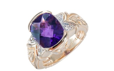 14K Yellow Gold With 2.50ct Amethyst & 0.04ct Diamond Ring Size 6