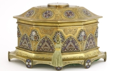A Renaissance Revival brass jewellery casket, 19th century, of lozenge shape with applied ...