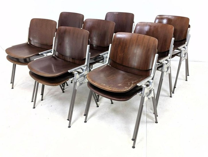 16 CASTELLI Molded Walnut & Aluminum Stacking Chairs. S