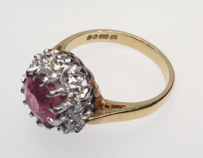 18 CT GOLD PINK TOURMALINE AND DIAMOND CLUSTER RING, SIZE J ...