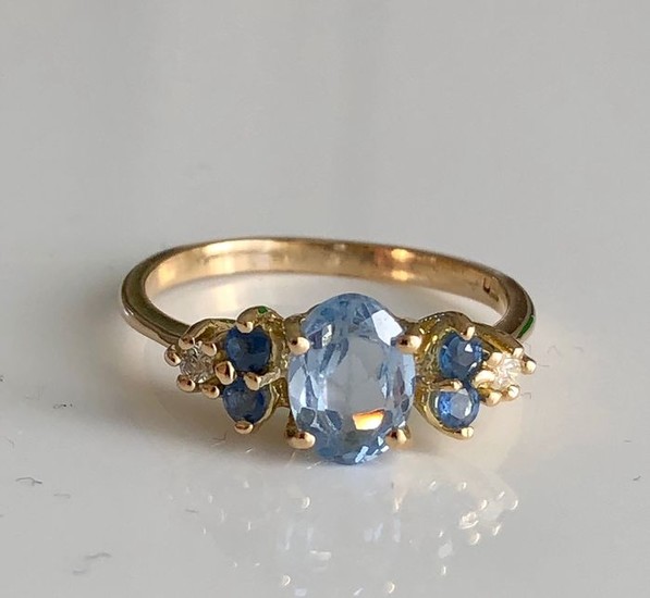 18 kt. Gold - Ring - 1.38 ct Aquamarine - Diamonds, Sapphires