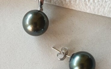 18 kt. White gold - Earrings, Necklace with pendant - Tahitian pearls, 11 x 12 mm