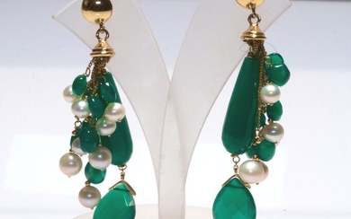 18 kt. Yellow gold - Earrings - Pearls, Green agate