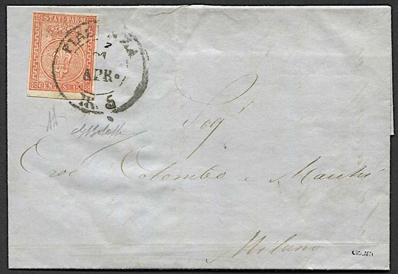 1855, Parma, lettera da Piacenza per Milano del 21 aprile 1855