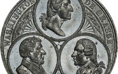 1881 Yorktown Monument Medal. Musante GW-965, Baker-453B, HK-Unlisted, socalleddollar.com-270a. White Metal. AU-58 (NGC).