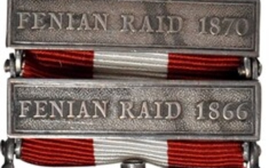 (1899) Canada General Service medal with two clasps: FENIAN RAID 1866 and FENIAN RAID 1870. Silver, 36 mm. MY-125 (clasps i, ii), BBM-80...