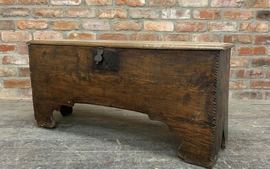 18th century oak six plank coffer with hinged lid and candle...
