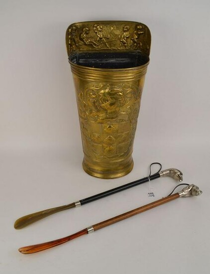 19th c. brass embossed umbrella stand with 2 figural