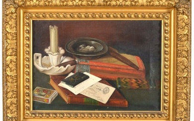 19th century American school tromp l'oeil still life painting. Possibly signed Frederick A. Kessel
