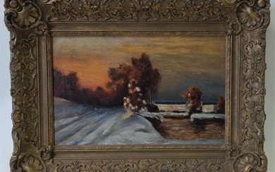 19thc Landscape, Oil on Canvas, Winter Sunset