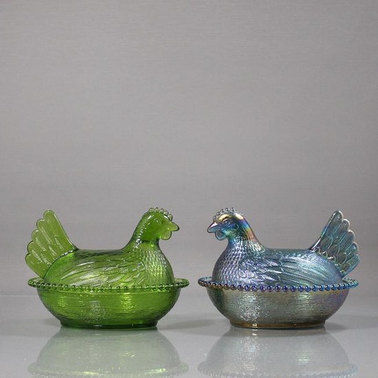 [2] Fenton Glass Green and Purple Iridescent Hens Bowls