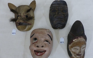 2 "Kabuki" masks in carved wood. Japanese work. Period : 1900. We join 2 african masks.