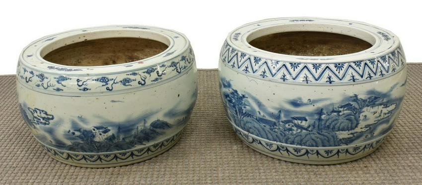 (2) LARGE CHINESE B & W PORCELAIN SCENIC PLANTERS