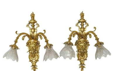 2 Pc) French Gilt Bronze & Glass Wall Sconces