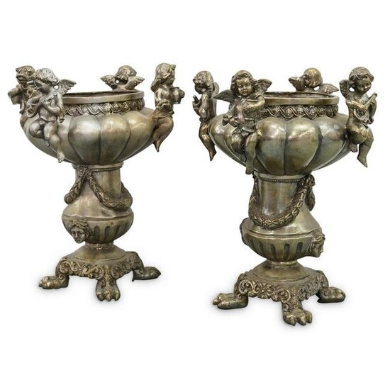 (2 Pc) French Silver-Toned Bronze Planters
