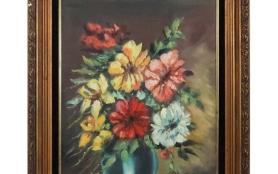 20th C. Oil Painting Still Life Flowers in Vase, Framed