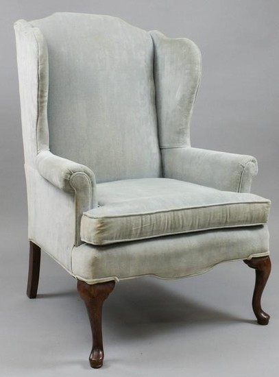 20th c Queen Anne style wing chair in light blue velvet