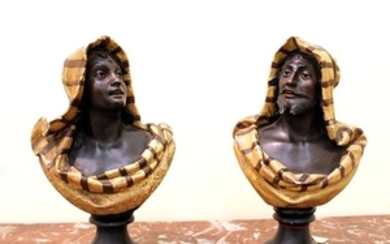 A pair of Oriental polychrome plaster busts of a man and a woman - second half 19th century