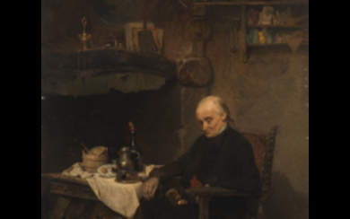 Gerolamo Induno ( Milano 1825 - 1890 ) , "Il dopo pranzo" olio su tela (cm 49.5x38) Firmato in basso a sinistra Al retro: titolato