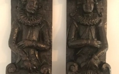 Pair 17th Century Carved Oak Pilasters or Terms- Oak - 17th century