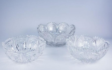 3 ABP Cut Glass Bowls w Fluted Fan Circle Patterns
