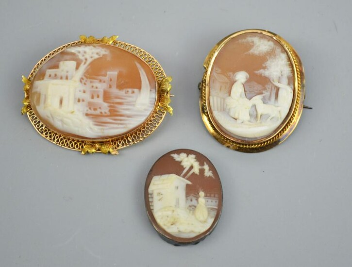 3 Antique Cameos (Two 14k Gold, 1 Signed)