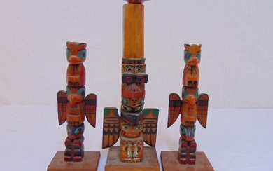 3 small Alaska Native Indian totem poles, 2 8.5" tall