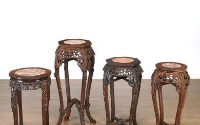 (4) Chinese carved hardwood, marble inset stands