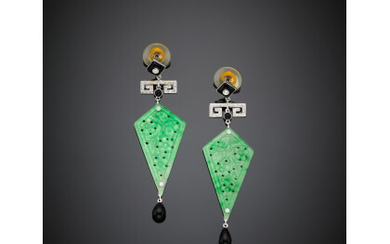 White gold carved jade, onyx and diamond pendant earrings, g...