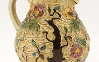 STAFFORDSHIRE INDIAN TREE POTTERY PITCHER Base marked "Hand Painted H.J. Wood, #369". Impressed #585". Height 9".
