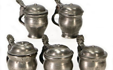 5 hand turned tin cover jugs, 4.5 - 5.5 cm, push piece