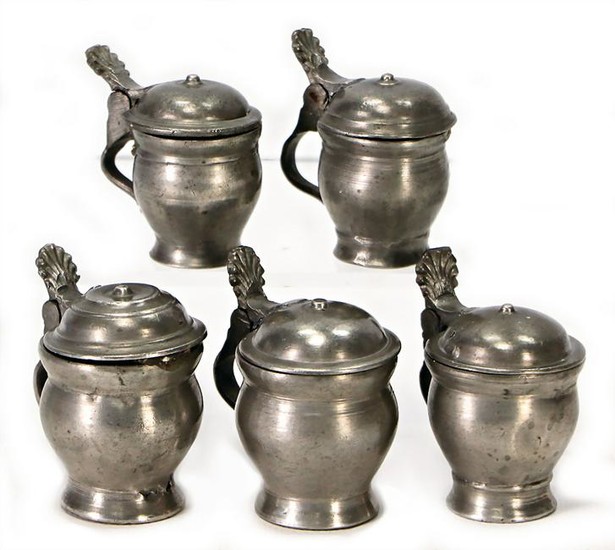 5 hand turned tin cover jugs, 4.5 - 5.5 cm, push piece