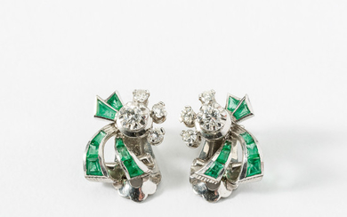 A pair of 18 carat white gold, diamond and emerald ear clips