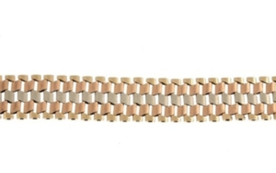 A 1970s 9ct gold bracelet. Of tri-colour design, the