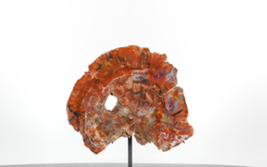 Ado Chale (né en 1928) Tranche de bois fossile de séquoia sur socle en métal
