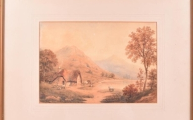 Anthony Vandyke Copley Fielding (1787 - 1855) British livestock before a lake, with mountains to the background, watercolour,...