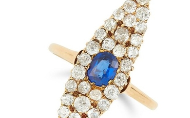 ANTIQUE SAPPHIRE AND DIAMOND RING set with a cushion