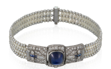 ART DECO SAPPHIRE, DIAMOND AND SEED PEARL BRACELET WITH AGL REPORT