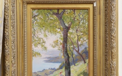 Auguste Baud-Bovy (1848-1899), Jeune fille près d'un arbre au-dessus de Montreux, huile sur carton, signée, 29x21,5 cm