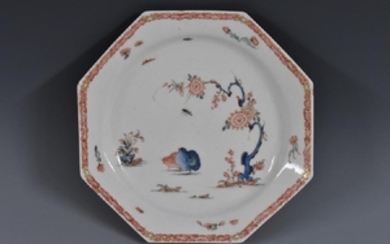 A Bow Two Quail pattern octagonal plate, painted in red
