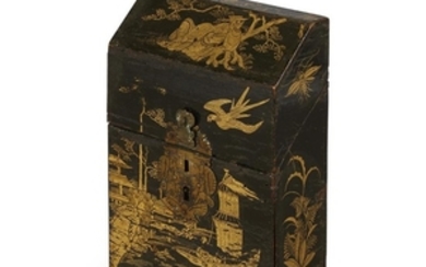 A Chinese export gilt decorated black lacquer picnic set...