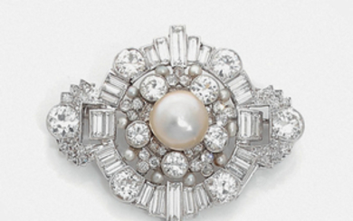 CIRCA 1930 NATURAL PEARL BROOCH A pearl, diamond,...