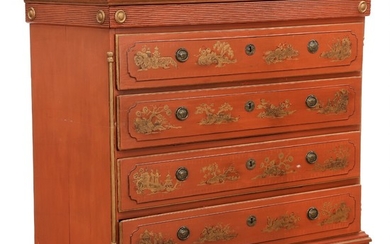 A Danish Louis XVI pinewood chest of drawers, later painted and decorated with chinese figures in gold. Late 18th century. H. 114 cm. W. 132 cm. D. 57 cm.