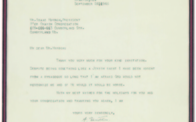 EINSTEIN, Albert (1879-1955). Typed letter signed (''A Einstein'') to Isaac Hirsch, Swanton, Md., 24 September 1946.