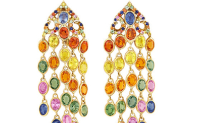 Pair of Gold and Multicolored 'Mosaic' Sapphire Fringe Earclips, by Piranesi