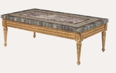AN ITALIAN CIPPOLINO AND PAVONAZZETTO MARBLE AND MICROMOSAIC TOP ON LATER GILTWOOD STAND, THE TOP ROMAN, CIRCA 1800, THE STAND MODERN