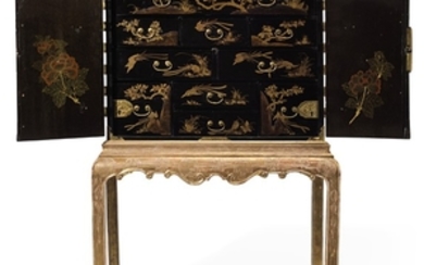 A JAPANESE BLACK AND GILT LACQUER CABINET ON GILTWOOD STAND, THE CABINET EDO PERIOD, 18TH CENTURY, THE STAND 20TH CENTURY