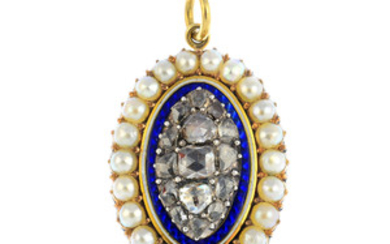 A late Georgian gold diamond, split pearl and enamel pendant. View more details