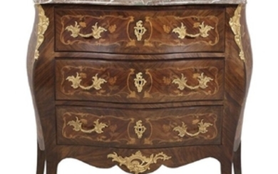 Marquetry-Inlaid and Marble-Top Bombe Commode