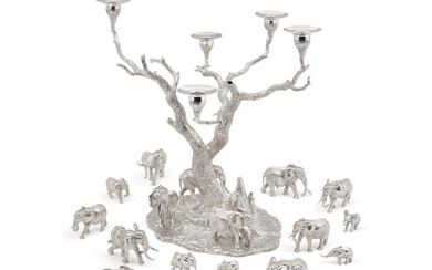 A Patrick Mavros sterling silver Tree of Lights candelabrum and assembled set of Thirteen modeled elephants